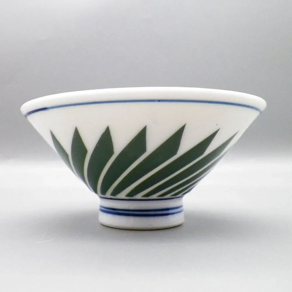 Japanese Ceramic Green Geometric Footed Rice Bowl with Spoon